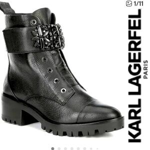 Karl Lagerfeld Paris Pippa Jeweled Lug Sole Combat Boots, size 7